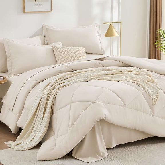 5 Pieces Comforter Set All Season Bed In A Bag Size Luxury Soft Bedding Sets With Flat Sheet Fitted Pillowcase & Pillow Sham Beige