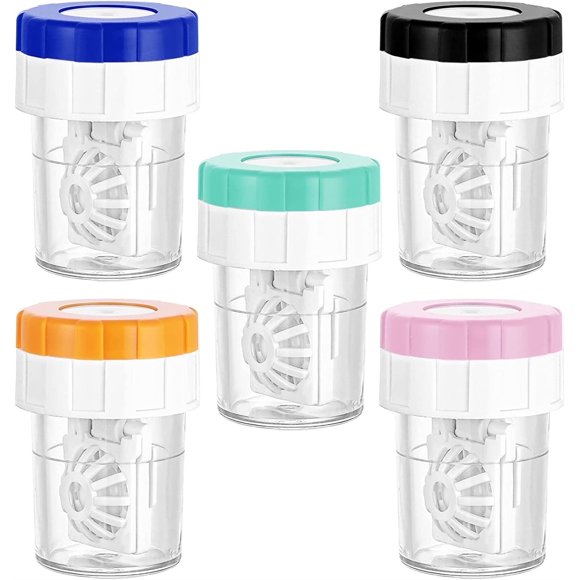 5 Pieces Contact Lens Barrel Cases,Contact Lens Cleaner Washer Case, Manual Rotation Contact Lens Cleaning Container for Everyday Use, Black, Blue, Pink, Orange, Green by Casewin
