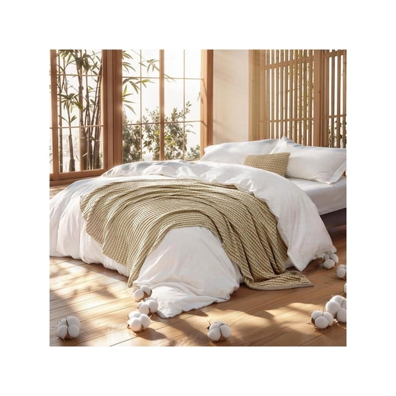 5 Pieces Cotton Comforter Set With Cotton Waffle Throw Blanket White Queen Comforter Pillow Shams Taupe Cooling Blanket Of Rayon Derived From Bamboo For Hot Sleepers Throw Pillow