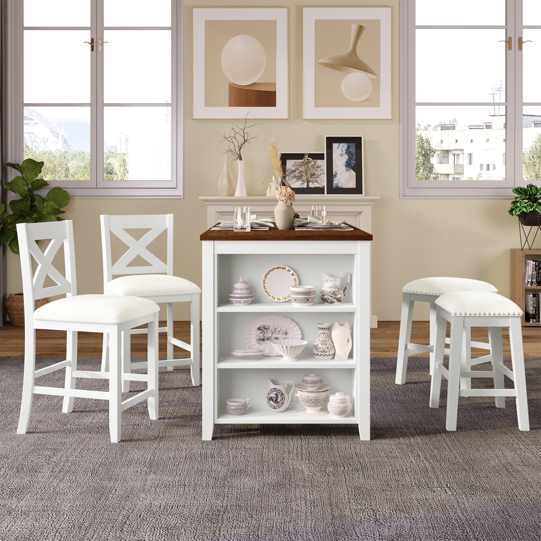 5 Pieces Counter Height Dining Table Set, Farmhouse Kitchen Bar Table ...