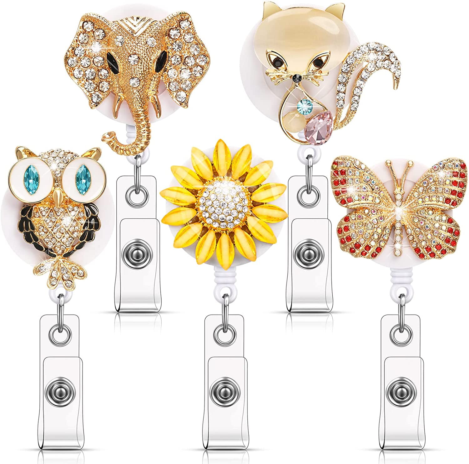 5 Pieces Crystal Badge Reels Retractable Rhinestone Badge Holder ID Name Badge  Reels with Alligator Swivel ID Badge Clip for Teacher Worker Nurse Gift  (Elephant, Owl, Butterfly, Sunflower, Fox) 