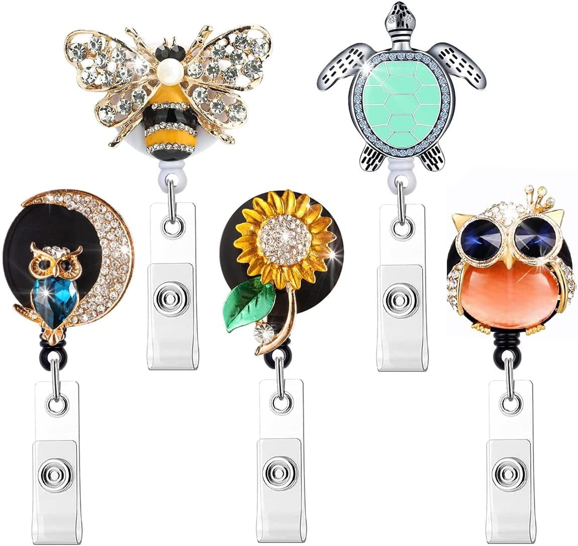 5 Pieces Crystal Bling Badge Reels Retractable Badge Holder Rhinestone ID  Name Badge Holder Reels with Alligator Swivel ID Badge Clip for Nurse  Doctor Teacher Office Staff 