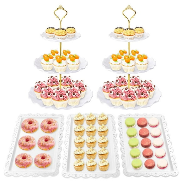 5 Pieces Cupcake Stand Set,2 Pieces 3 Tier Cupcake Stands W/3 Pieces Appetizer Traysfor Wedding Birthday Baby Shower Tea Party Decorations (Wave Round White)