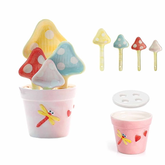 5 Pieces Cute Polka Dot Mushroom Ceramic Measuring Spoon Set with Storage Pot, Flower Pot Shape Spoon Holder, Decorative Kitchen Gadget for Cooking, Baking, Serving or Gift
