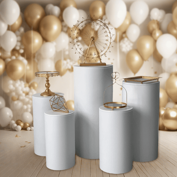 5-Pieces Cylindrical Base Set, white round large cylindrical table, cake stand, and display base pillars, suitable for wedding and birthday party art decorations.