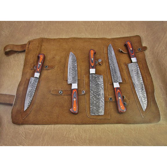 5 Pieces Damascus steel Hammered kitchen knife set, 2 tone Orange wood scale, 54 inches long sharp knives, Custom made hand forged Hammered Damascus steel blade, Goat suede Roll Leather sheath