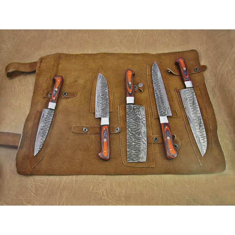 5 Pieces Damascus steel Hammered kitchen knife set, Custom made hand forged  Damascus steel full tang blade, Overall 36 inches Length of Hammered