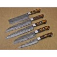 thumbnail image 1 of 5 Pieces Damascus steel Hammered kitchen knife set, 2 tone Yellow wood scale, 54 inches long sharp knives, Custom made hand forged Hammered Damascus steel blade, Goat suede Roll Leather sheath, 1 of 4
