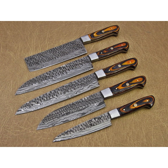 5 Pieces Damascus steel Hammered kitchen knife set, 2 tone Yellow wood scale, 54 inches long sharp knives, Custom made hand forged Hammered Damascus steel blade, Goat suede Roll Leather sheath