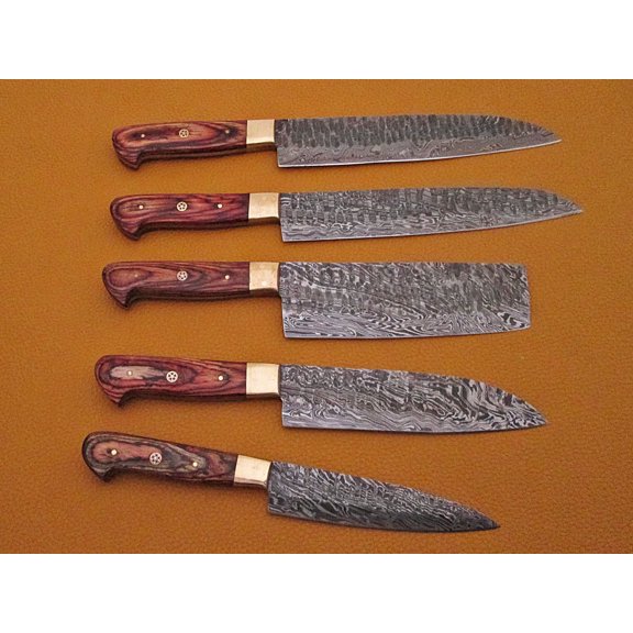 5 Pieces Damascus steel Hammered kitchen knife set, Custom made hand forged Damascus steel full tang blade, Overall 36 inches Length of Hammered Damascus sharp knives, Goat suede Leather Roll sheath