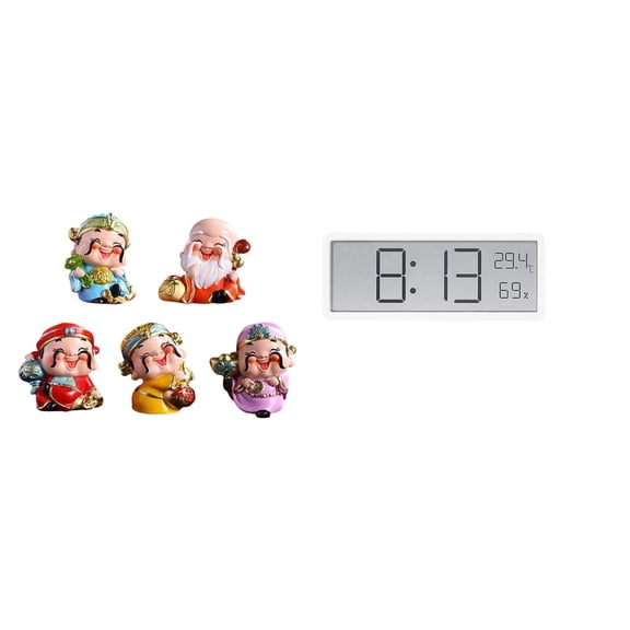 5 Pieces Desktop Figurine Cartoon God of Fortune Figurine Digital Wall Clock Resin Material Home Office Decor