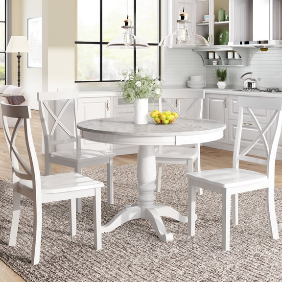 5 Pieces Dining For 4 - Solid Wood Modern Marble Design Tabletop Bedroom