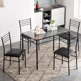thumbnail image 1 of 5 Pieces Dining Room Set, Modern Dining Table Set with 4 PU Upholstered Chairs, Dining Table and Chairs Set, Metal Frame and Glass Top Table Kitchen Furniture Set for Dining Room, Black, 1 of 9