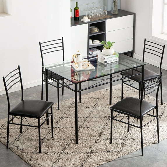 5 Pieces Dining Room Set, Modern Dining Table Set with 4 PU Upholstered Chairs, Dining Table and Chairs Set, Metal Frame and Glass Top Table Kitchen Furniture Set for Dining Room, Black