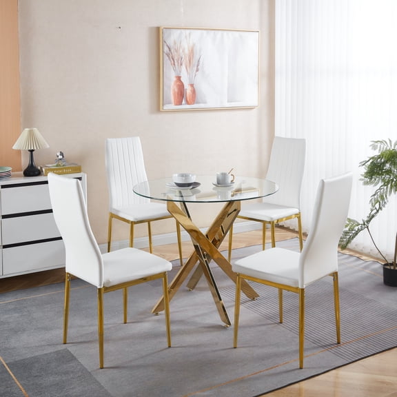 5 Pieces Dining Set Modern Glass Dining Room Table with Glass Table Top 4 PU Leather Chairs for Kitchen Dining Room