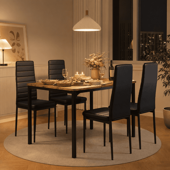 5Piece 4Person Dining Set, Modern Wooden Table with 6 PU Leather Upholstered Chairs, Compact Dinette for Apartment Breakfast Nook-Retro Tabletop