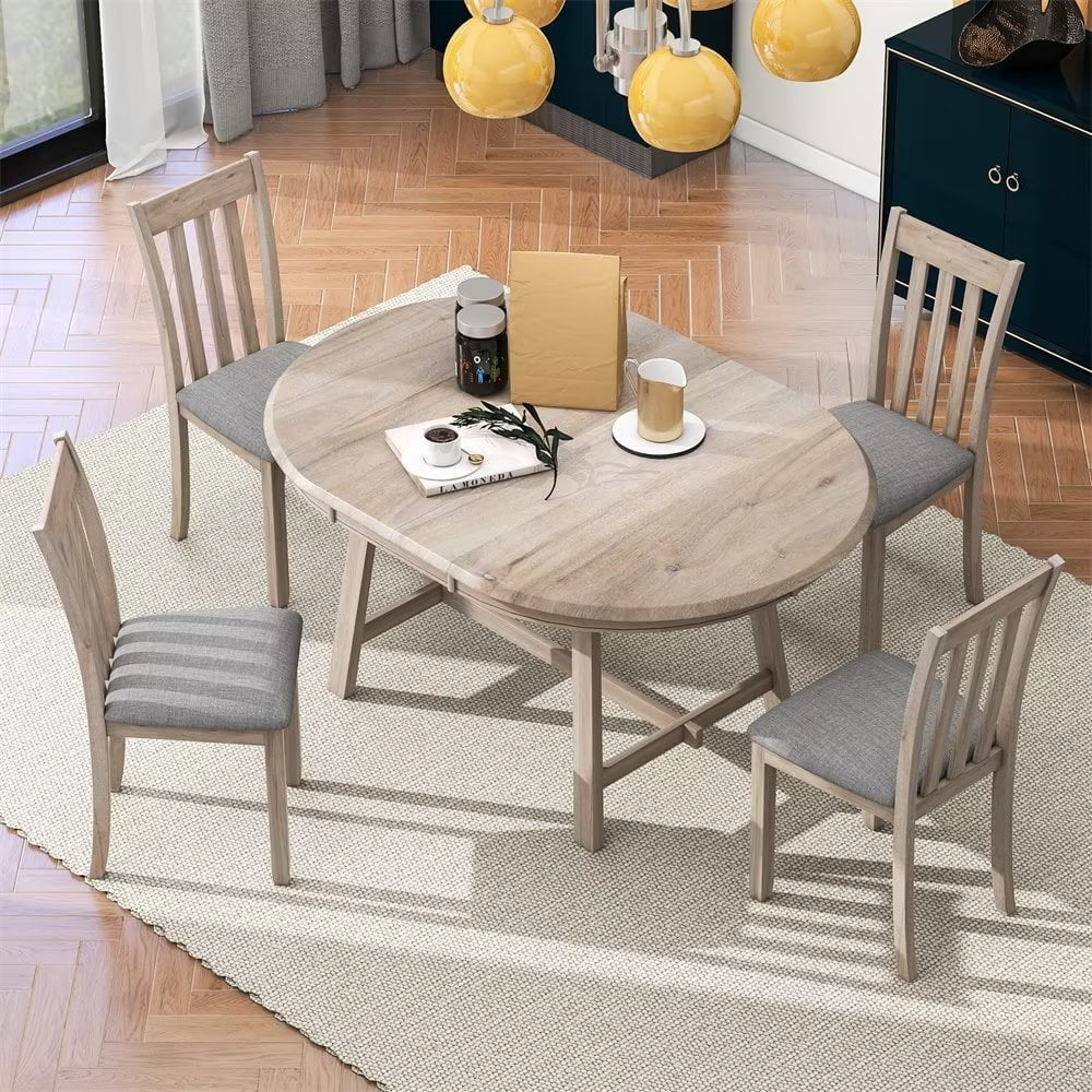 5-Piece Farmhouse Style Dining Table Set, Natural Wood, Circular ...