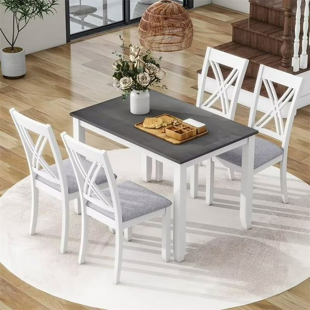 5 Pieces Dining Table Set Rustic Minimalist Wood Rectangular Dining Table with 4 X Back Upholstered Chairs Solid Wood Kitchen Table Set for Dining