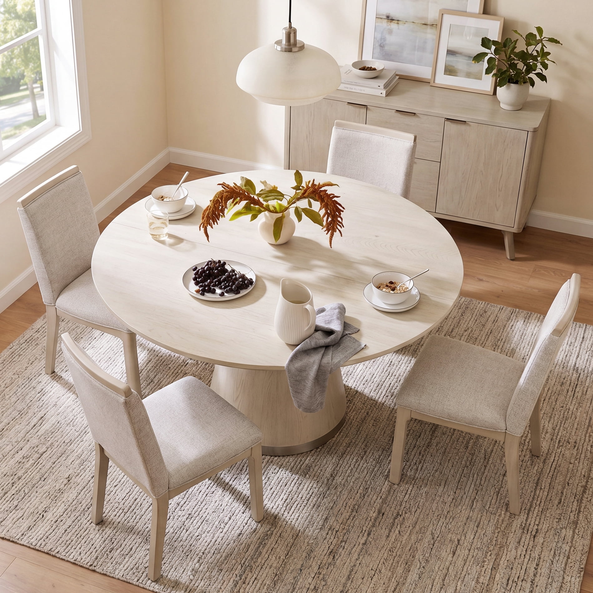 5 Pieces Dining Table and Chairs Set, 43" Circle Kitchen Table with Pedestal Base and 4 Solid Wood Dining Chairs with Soft Padding