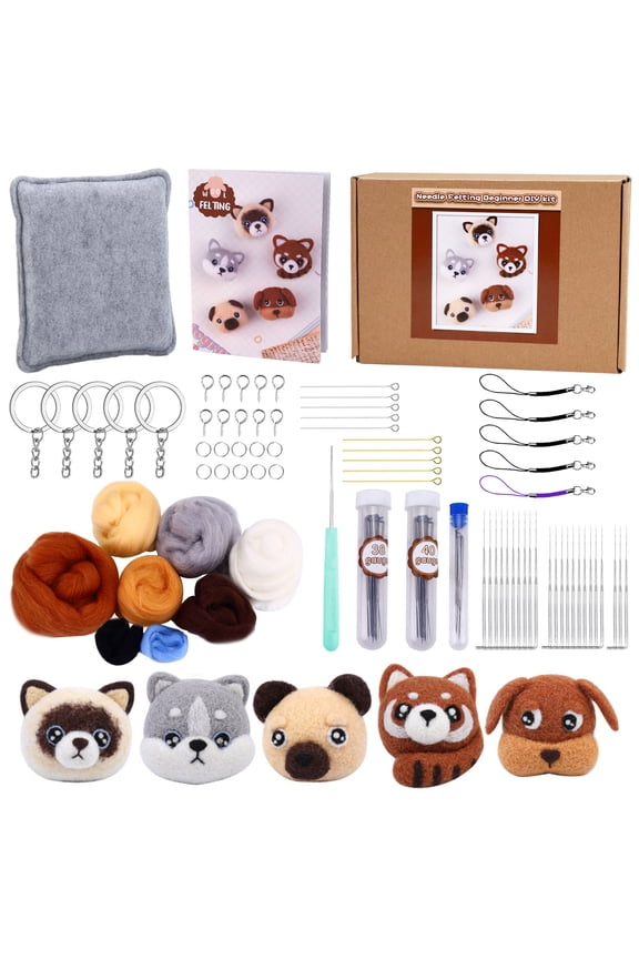 5 Pieces Dogs Needle Felting Kit, Wool Felting Kit with Instructions, Felt Pad, Needles, Keychain, Phone Lanyard, DIY Needle Felting Starter Kit for Beginners Adults Gifts Home