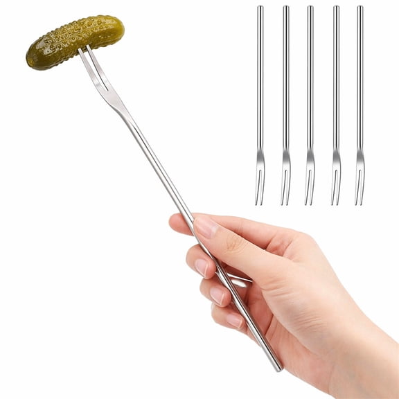 5 Pieces Durable 2-Tine Fork,HXRH Reusable Long Handle Pickle Fork for Cucumber,8.7x0.3In Stainless Steel Pickle Picker for Arugula,Fruit