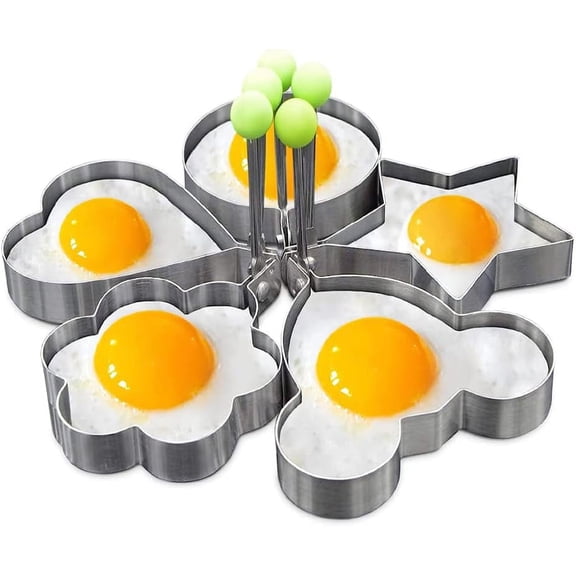 5 Pieces Egg Ring Molds for Cooking, Stainless Steel Ring Mold Egg Rings for Griddle DIY Heart, Flower, Mouse,Star, Round Shape Egg Ring Set for Kitchen Breakfast Kit Egg Molds Pancake Mold