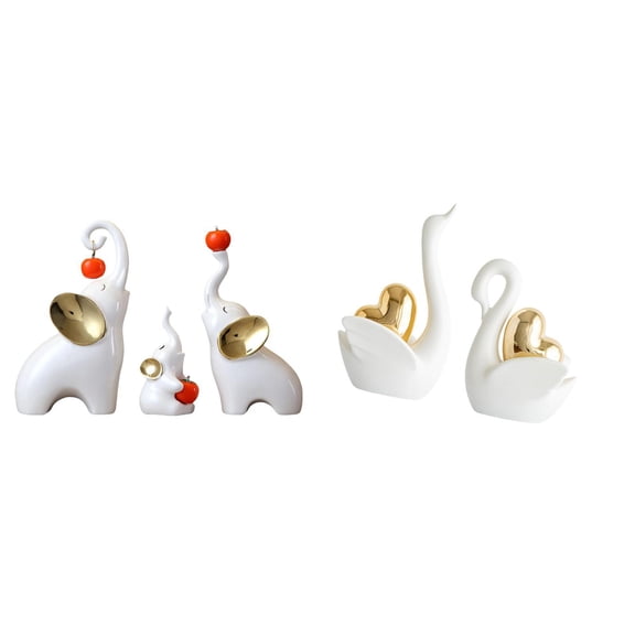 5 Pieces Elephant Statues Swan Figurines Family Ornaments Ceramic Craft for Desk Bookshelf Entrance Decoration