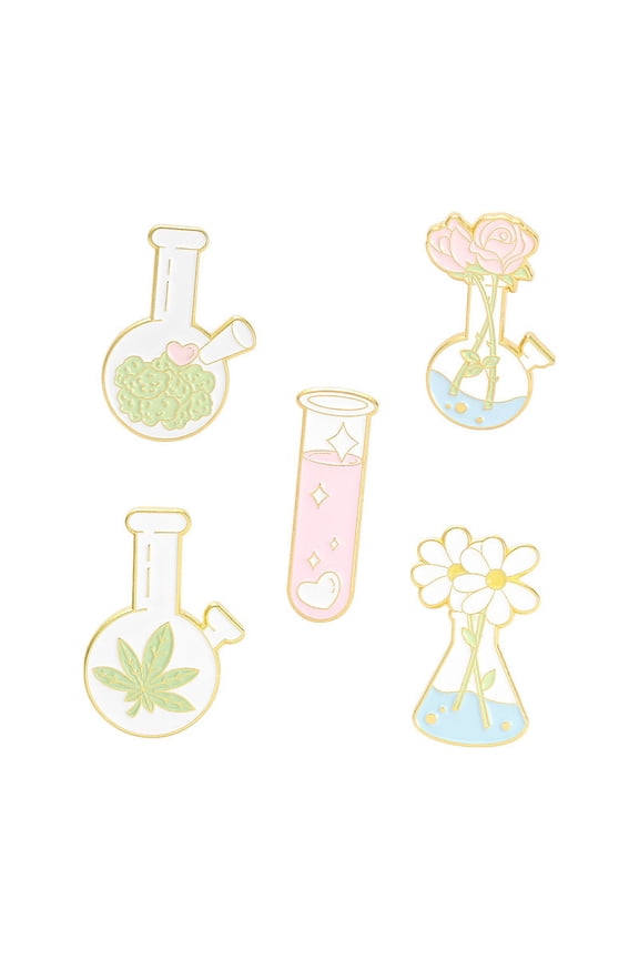 5 Pieces Enamel Pin Brooches Flask Test Tube Backpack Pins Aesthetic Spring Flower Plant Pins Set for Jackets Lapel