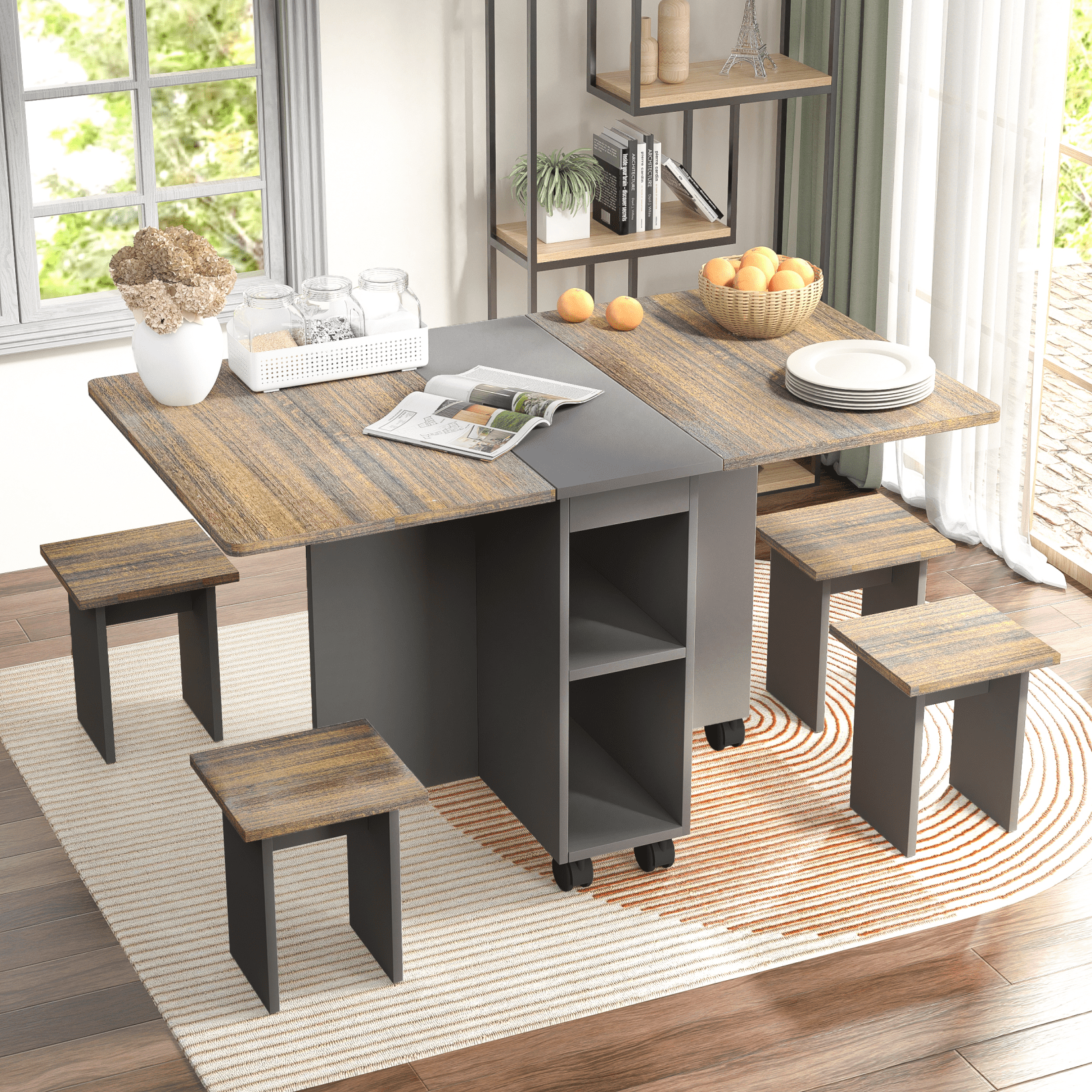 5 Pieces Extendable Dining Table Set for 4, 55'' Drop Leaf Kitchen ...