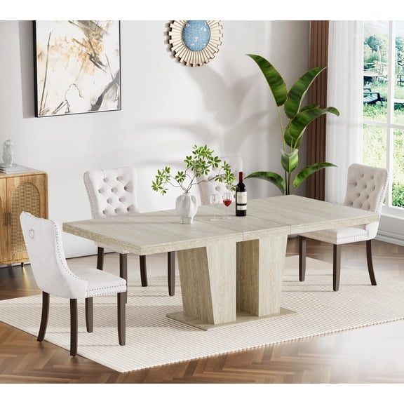 5 Pieces Extendable Dining Table Set for 4, 63"-79" Faux Mars Kitchen Table Set with 4 Beige Chairs, Faux Marble Expandable Dining Room Tables Set for 4,Modern Dinner Tables Set for 4