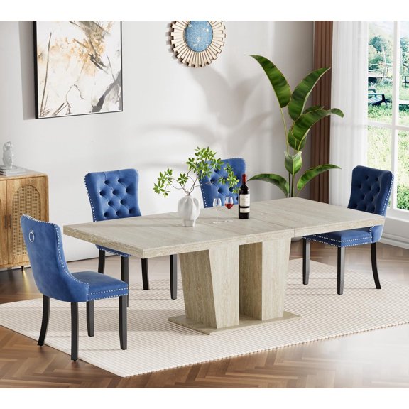 5 Pieces Extendable Dining Table Set for 4, 63"-79" Faux Mars Kitchen Table Set with 4 Blue Chairs, Faux Marble Expandable Dining Room Tables Set for 4,Modern Dinner Tables Set for 4