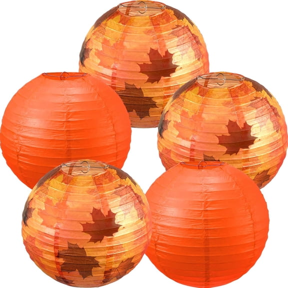5 Pieces Fall Party Decorations Maple Leaf Decorations Fall Round Hanging Paper Lanterns Party Lanterns for Thanksgiving Autumn Fall Birthday Party Supplies