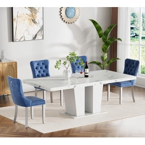 5 Pieces Faux Marble Dining Table Set for 4, 63"-79" Extendable Dining Room Table and 4 Blue Tufted Chairs Set for 4, Modern Large Expandable Kitchen Table with White Double Columns Base