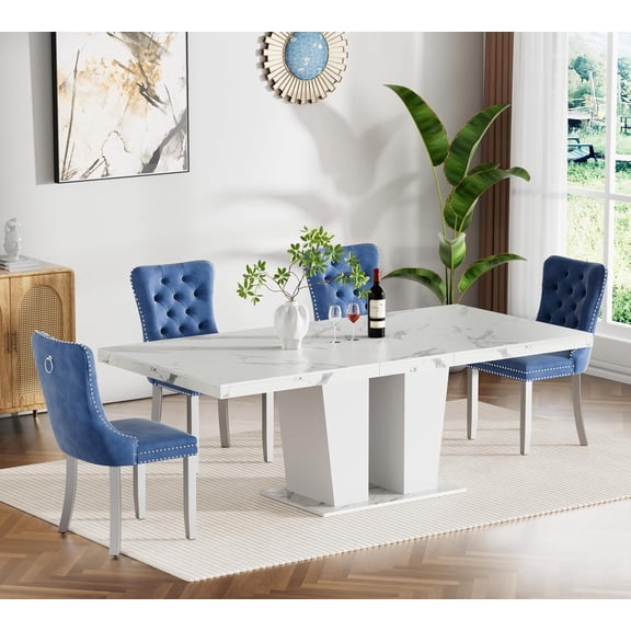 5 Pieces Faux Marble Dining Table Set for 4, 63"-79" Extendable Dining Room Table and 4 Blue Tufted Chairs Set for 4, Modern Large Expandable Kitchen Table with White Double Columns Base