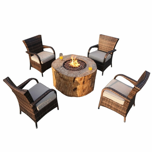 5 Pieces Fire Pit Table Set Outdoor Patio Furniture with Four Wicker Chair