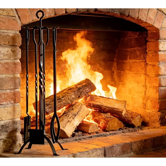 5 Pieces Fireplace Tools Set 31",Heavy Duty Wrouhgt Iron Fire Place Toolset with Poker, Shovel, Tongs, Brush, Stand for Outdoor Indoor Chimney, Hearth, Stove,Black