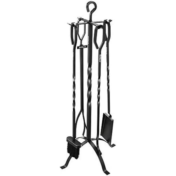 5 Pieces Fireplace Tools Set 32Inch Heavy Duty Wrought Iron Fire Place Tool Set Fireplace Toolset for Fireplaces, Fire Pits, Hearth Accessories Including Tongs, Shovel, Stand, Poker & Broom