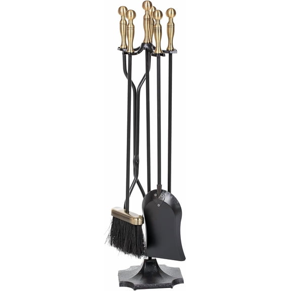 5 Pieces Fireplace Tools Set, Brass Handles Wrought Iron Fireplace Accessories Set with Poker, Tong, Shovel, Brush, Fire Place Tools Indoor Outdoor (Antique Bronze)