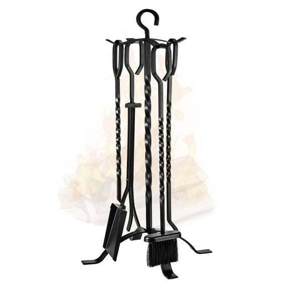 5 Pieces Fireplace Tools Set with Poker, Tongs, Shovel, Brush, Heavy Duty Wrought Iron Fire Place Accessories Tool Holder with Handles for Indoor & Outdoor Fire Pit Stand, Black Modern Fireplace Tool