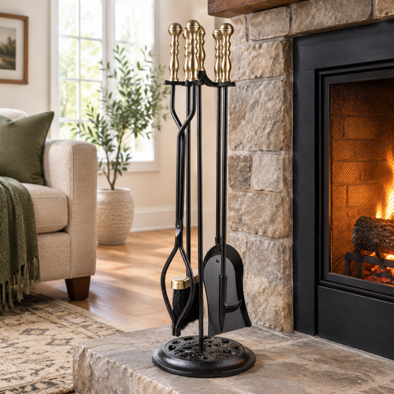5 Pieces Fireplace Tools Sets Wrought Iron Firewood Kit With Handle Durable Tool Set And Holder For Fire Pit Stand Indoor Tong Sho