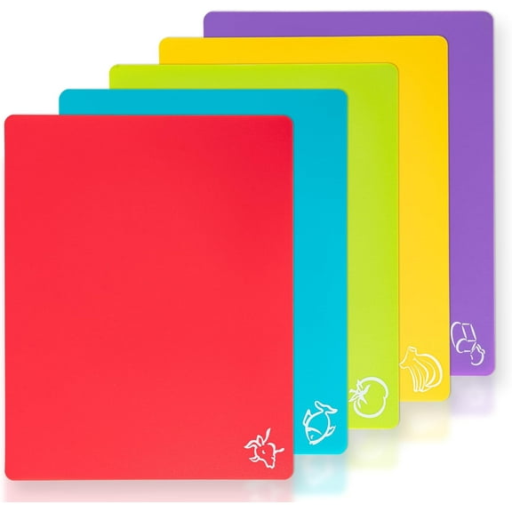5 Pieces Flexible Plastic Cutting Board Mats with Food Icons, BPA Free Cutting Boards for Kitchen, Non Slip Cutting Mat for Meat and Vegetables (Red, Bright Yellow, Light Green, Purple, Lake Blue)