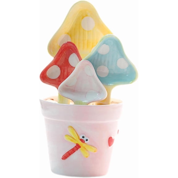 5 Pieces Fun Ceramic Measuring Spoons Set, Flower Pot Shape Spoon Holder with Mushroom Spoons, Decorative Kitchen Gadget for Cooking, Baking, Serving or Gift