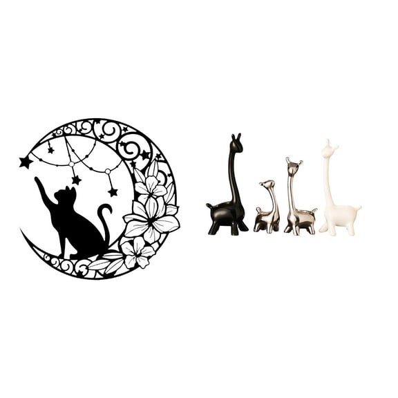 5 Pieces Giraffe Statue Cat Wall Art Animal Figurine Ceramic and Iron Material Living Room Shelf Decor for Book Lovers