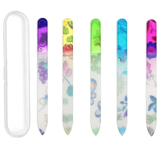5 Pieces Glass Nail File Buffers with Cases, Crystal Glass Nail Buffers Manicure Tools for Nail CareMulticolor printsStyle:With a transparent box;
