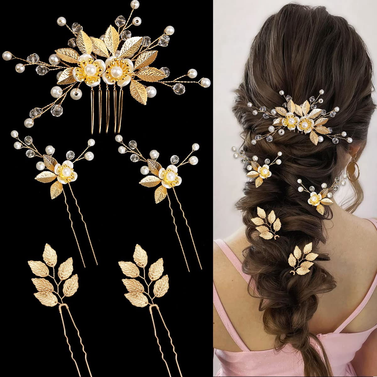 5 Pieces Gold Leaf Hair Pins Crystal Pearl Flower Hair Forks  display picture 2