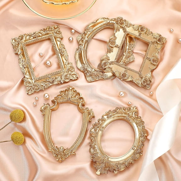 5 Pieces Gold Picture Frames, Vintage Flower Oval Rectangle Frames, Wall Hanging Frame for Holiday Wedding Party Decor