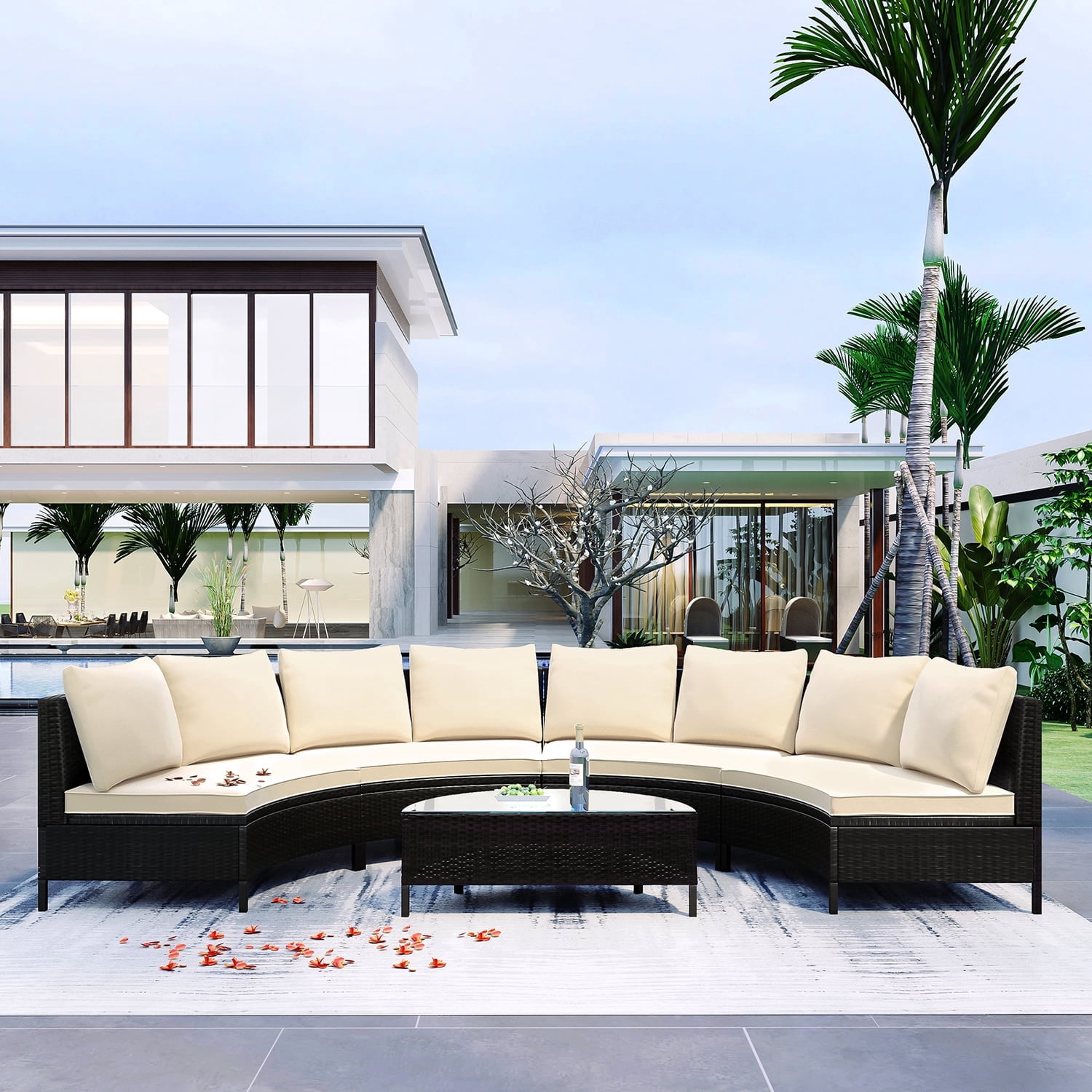 Harper & Bright Designs 5 Pieces Half Moon Outdoor Sectional Sofa Set, Patio All-Weather PE Wicker Furniture with Pillows, Cushions and Half-Moon Tempered Glass Table, Beige