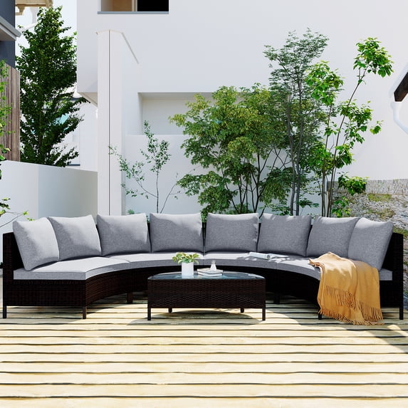 5 Pieces Half Moon Outdoor Sectional Sofa Set, Patio All-Weather PE Wicker Furniture with Pillows, Cushions and Half-Moon Tempered Glass Table, Gray