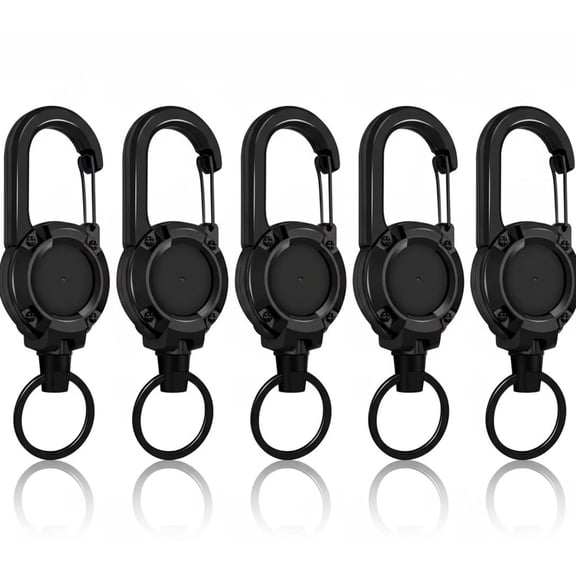 5 Pieces Heavy Duty Retractable Keychain – Carabiner Badge Reel with 24-Inch Steel Cord | Sturdy ABS Casing, Extendable Key Ring/ID Holder for Work, Outdoor & Daily Carry (Black)