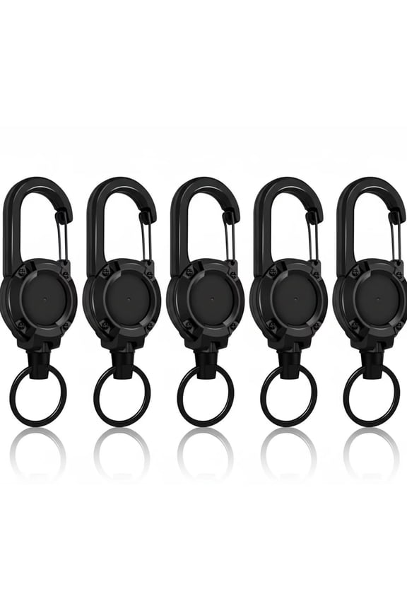 5 Pieces Heavy Duty Retractable Keychain – Carabiner Badge Reel with 24-Inch Steel Cord | Sturdy ABS Casing, Extendable Key Ring/ID Holder for Work, Outdoor & Daily Carry (Black)